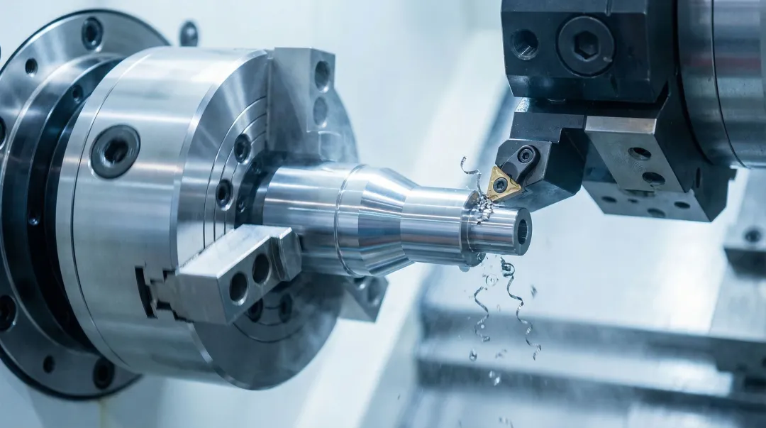 Precision CNC lathe machining medical implant component in manufacturing facility