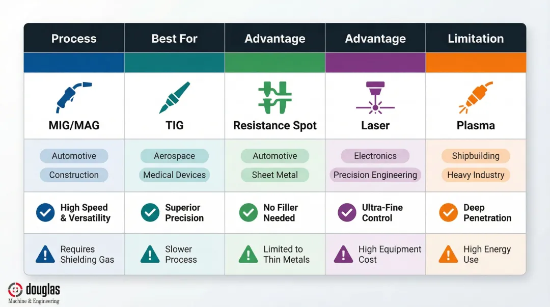 Five types of robotic welding machines comparison chart with applications and key traits