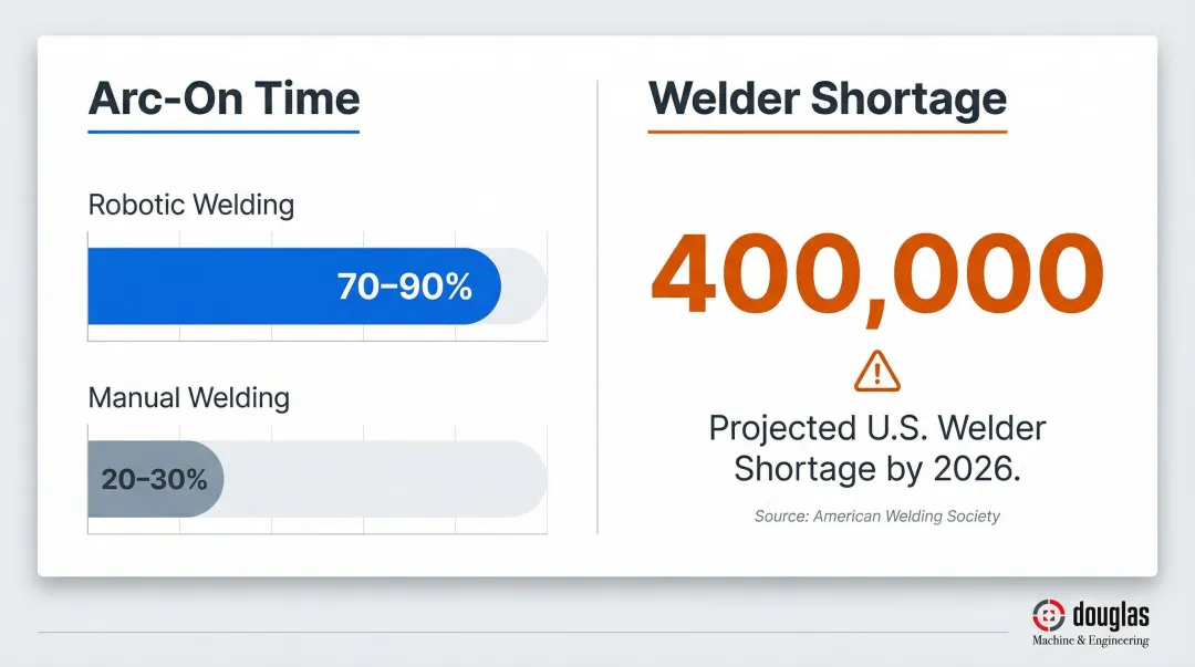 Robotic versus manual welding arc-on time and welder shortage statistics comparison