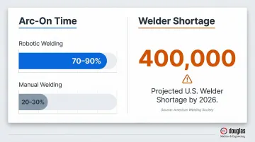 Robotic versus manual welding arc-on time and welder shortage statistics comparison
