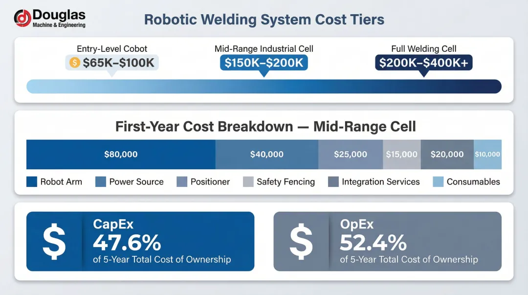 Robotic welding cell total cost of ownership breakdown including capital and operating expenses