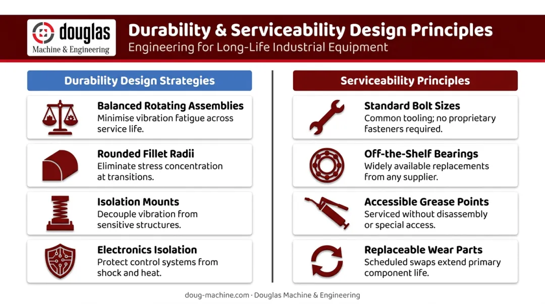 Agricultural equipment durability and serviceability design principles two-column infographic