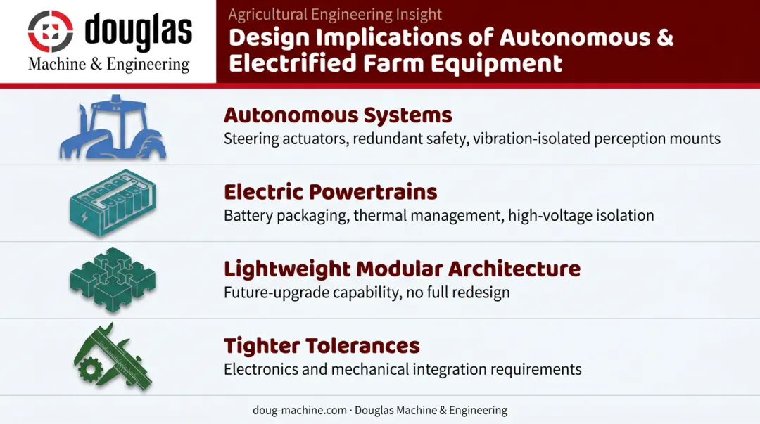 Autonomous and electric agricultural machinery design requirements four-factor breakdown infographic