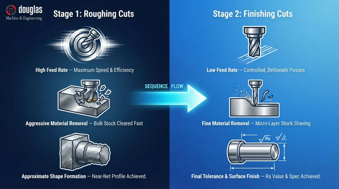 Two-stage CNC machining process roughing and finishing cuts explained