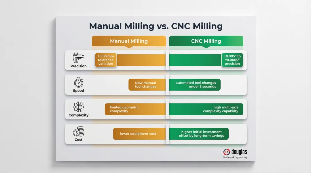Manual milling versus CNC milling four-attribute side-by-side comparison chart