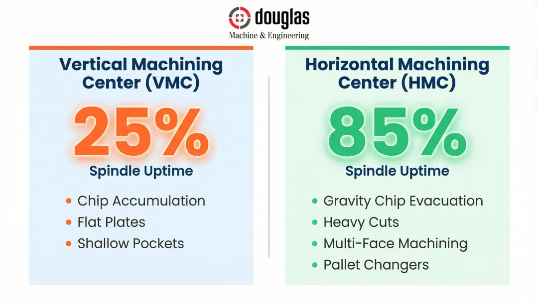 Vertical versus horizontal milling machine spindle uptime comparison infographic