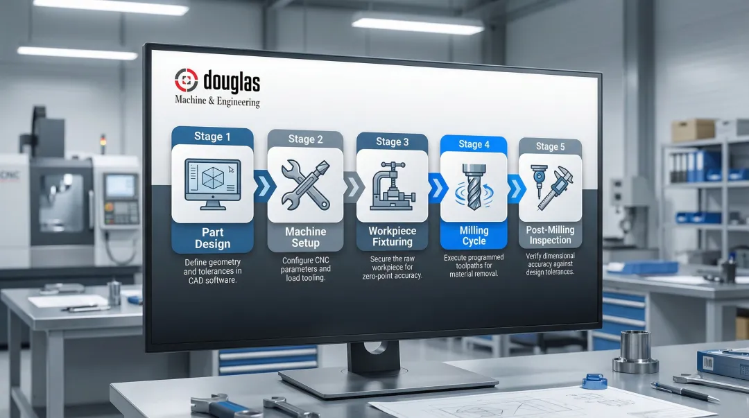 5-step milling workflow from CAD design to post-milling inspection