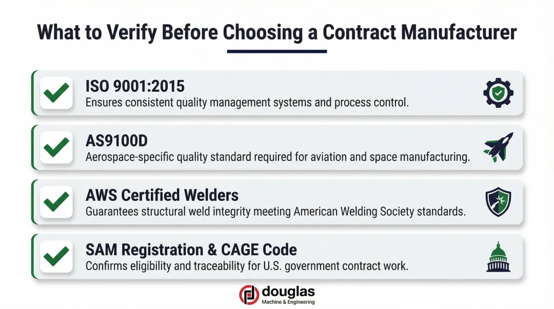 Contract manufacturing partner selection checklist certifications SAM registration CAGE code requirements