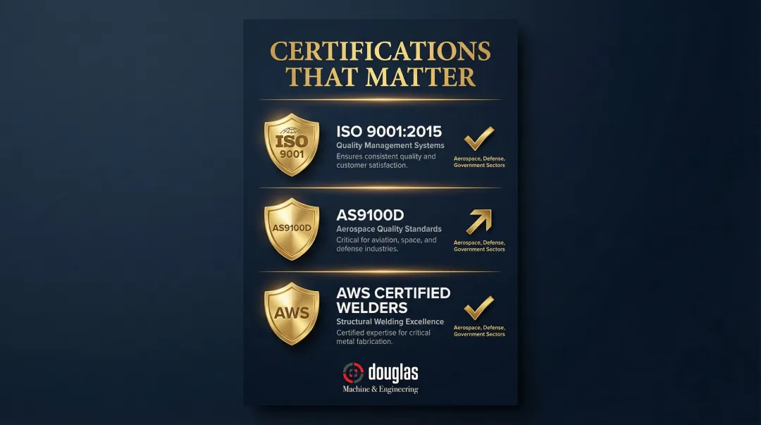 Key contract manufacturing certifications ISO 9001 AS9100D AWS credentials breakdown infographic