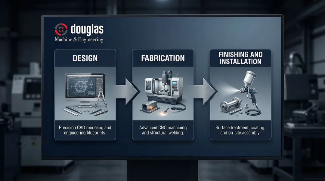 Three-phase metal fabrication workflow from design to finishing and installation