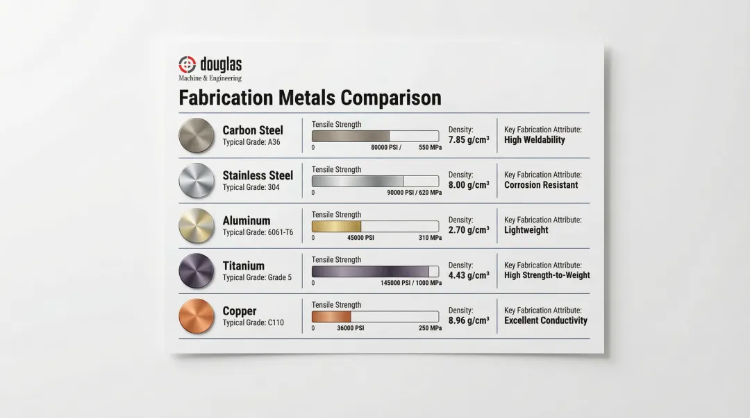 Five fabrication metals properties comparison chart tensile strength density and key attributes
