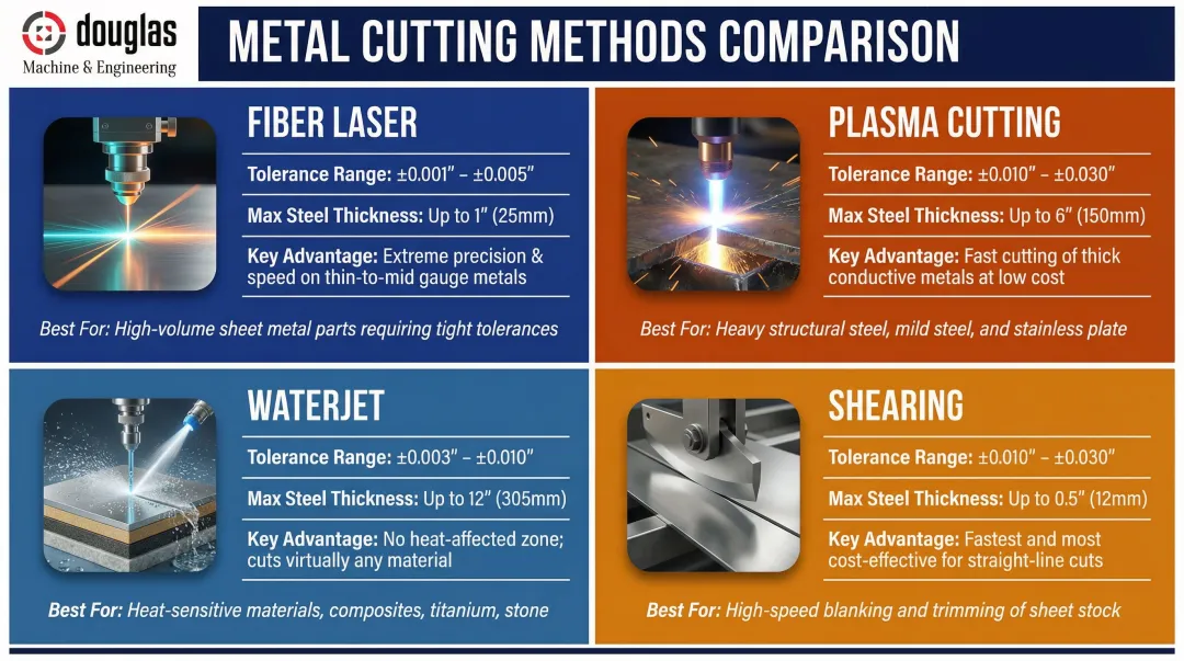 Four metal cutting methods comparison chart showing tolerance thickness and key advantages