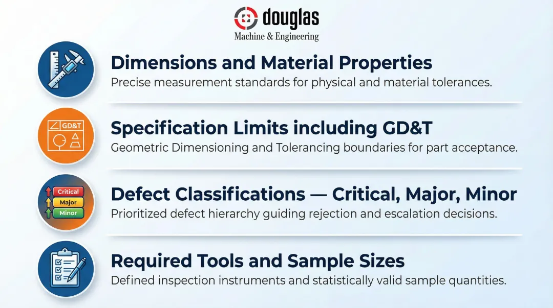 Quality inspection criteria checklist showing defect classifications and measurement requirements breakdown