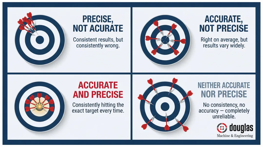 Four-quadrant dartboard diagram illustrating accuracy versus precision concepts