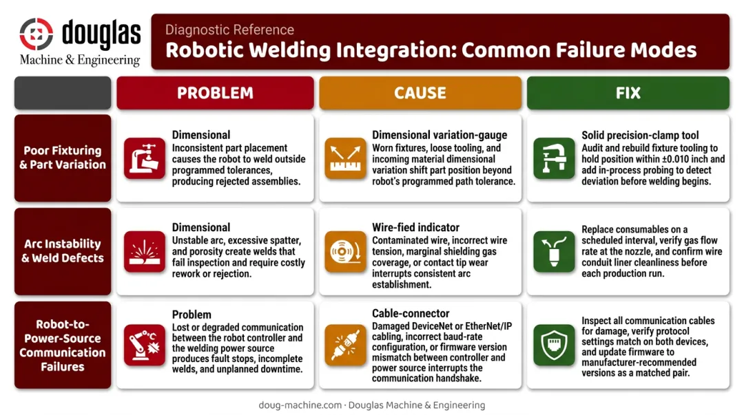 Three common robotic welding integration problems causes and fixes diagnostic chart