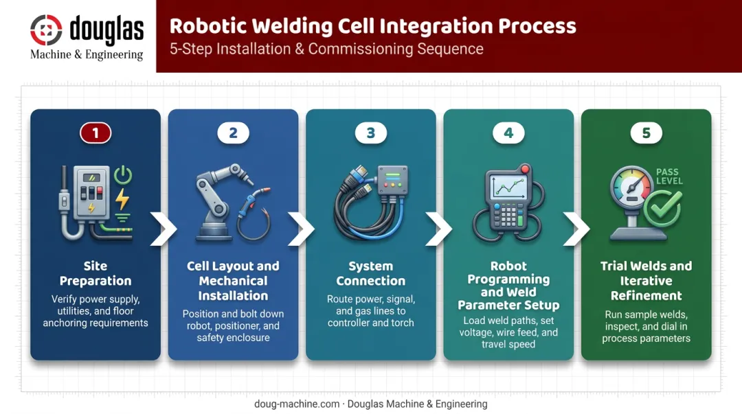 5-step robotic welding integration process flow from site prep to trial welds