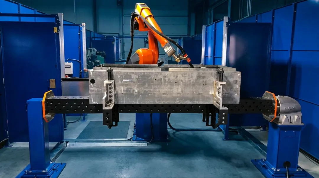 Industrial robotic welding cell with precise part fixturing and clamping system
