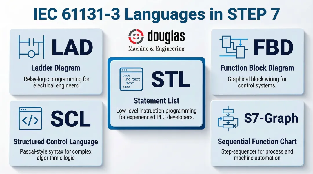 Five IEC 61131-3 PLC programming languages supported in SIMATIC STEP 7 TIA Portal