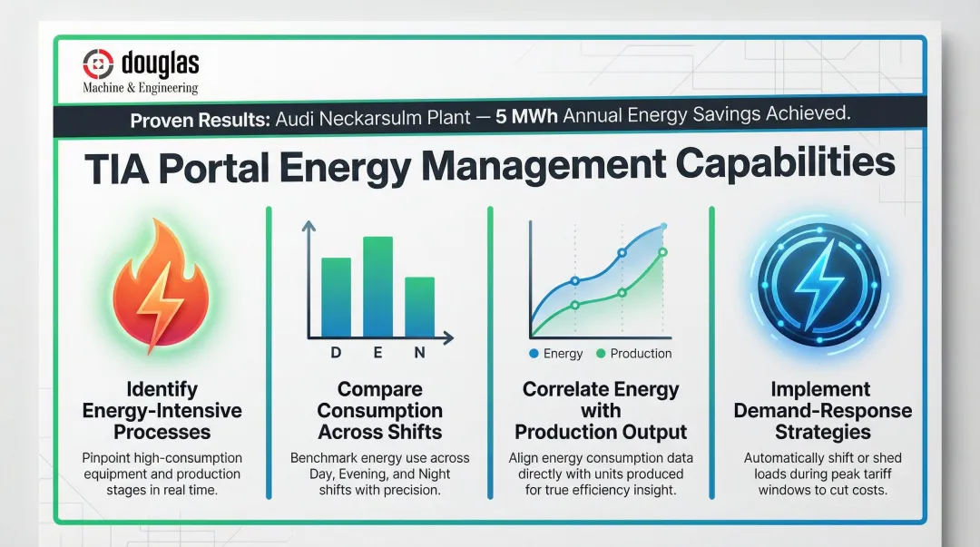 Four TIA Portal energy management capabilities comparison infographic with icons