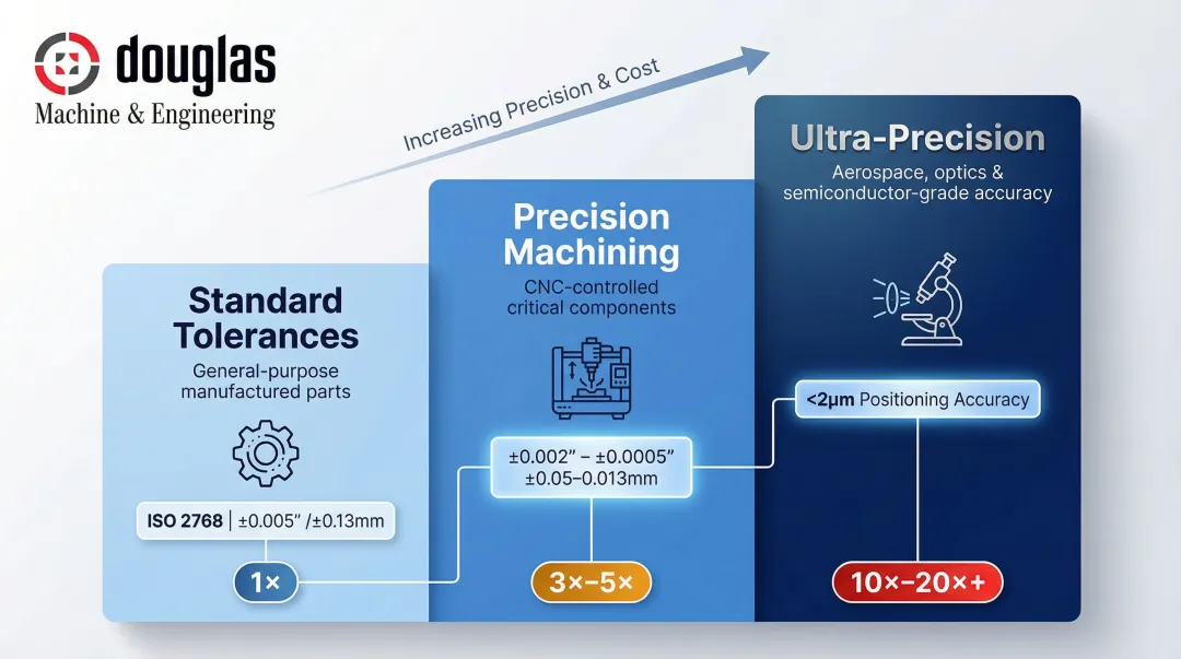 Three-tier manufacturing tolerance levels from standard to ultra-precision comparison