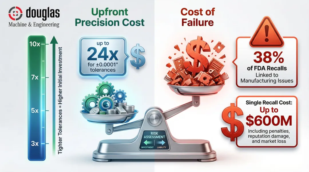 Precision versus standard manufacturing cost trade-off and recall risk comparison infographic