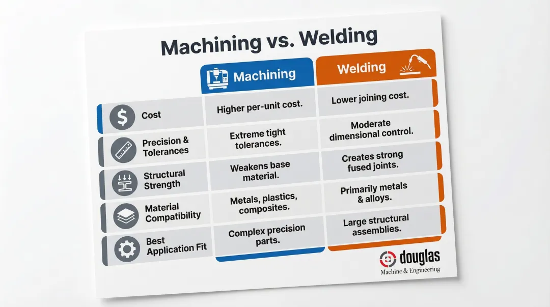 Machining versus welding side-by-side comparison across five key engineering factors