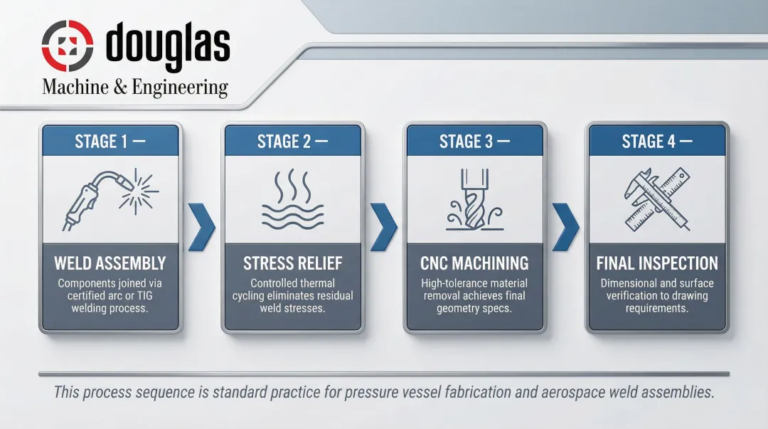 Post-weld machining process flow from welding assembly through final dimensional inspection