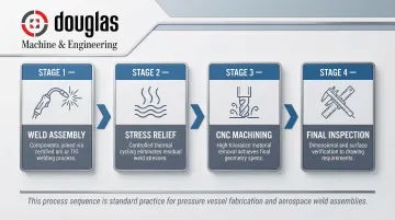 Post-weld machining process flow from welding assembly through final dimensional inspection