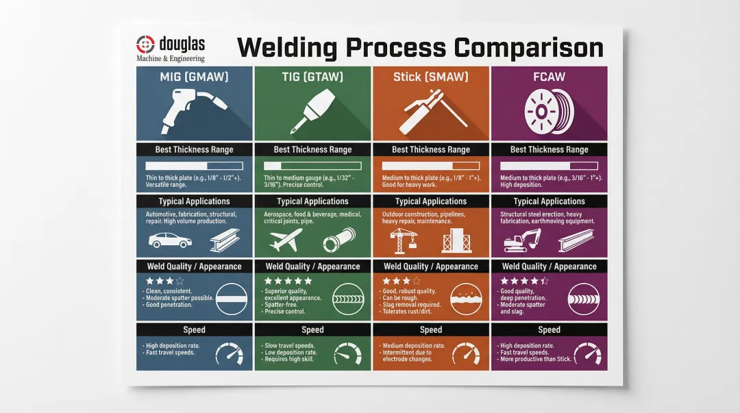 Four welding processes MIG TIG Stick FCAW comparison chart by application and speed