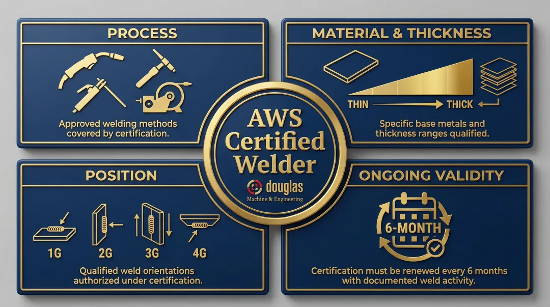 AWS certified welder credential scope showing process material position and validity requirements