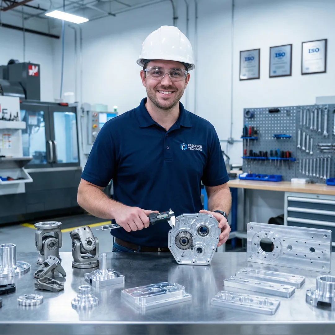 Engineer reviewing precision-fabricated sheet metal robotics components at Douglas Machine & Engineering