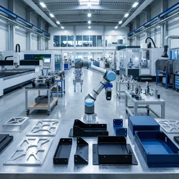 Precision sheet metal fabrication components for robotics applications in an industrial machine shop