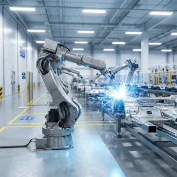 Industrial robotic arm integrated into an automated manufacturing line