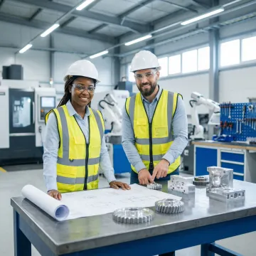 Engineering team reviewing CNC machined components and robotic assembly drawings in a manufacturing facility