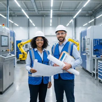 Engineering team reviewing ISO-compliant robotic integration process documentation at a manufacturing facility