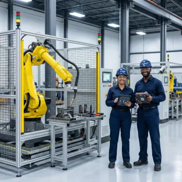 ISO-certified robotic integration specialists installing an industrial automation system on a manufacturing floor