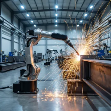 Automated robotic welding arm working on a steel component in an industrial manufacturing facility