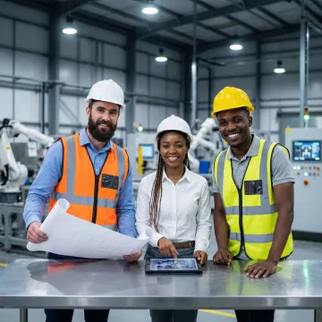 Engineering team reviewing robotic automation system plans in a manufacturing facility