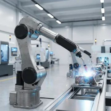 Industrial robotic arm performing automated welding in a manufacturing facility