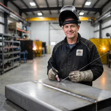 AWS-certified welder performing precision welding on a large industrial metal fabrication in a manufacturing facility