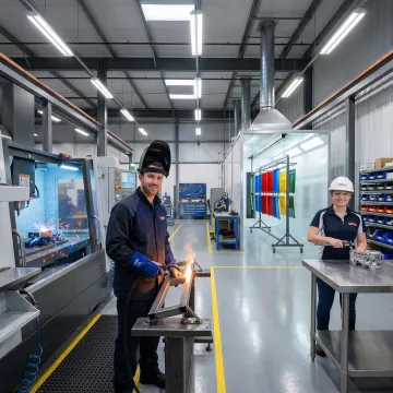 Metal fabrication workflow showing welding, CNC machining, and quality inspection stages