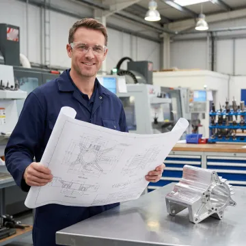 CNC machinist reviewing engineering drawings alongside a precision milled metal component
