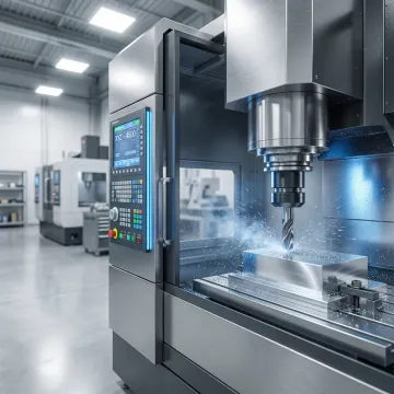 Precision CNC milling machine cutting a metal component in an industrial machine shop