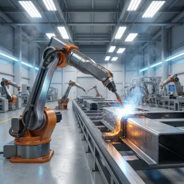 Industrial robotic arm performing automated welding on a manufacturing assembly line