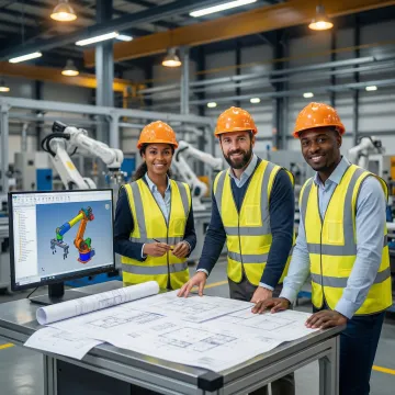 Engineering team reviewing robotic automation system design blueprints in a manufacturing facility