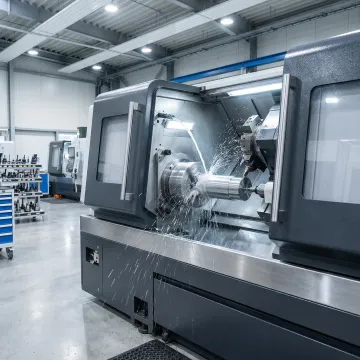 CNC turning and milling machine producing a precision metal component in a professional machine shop