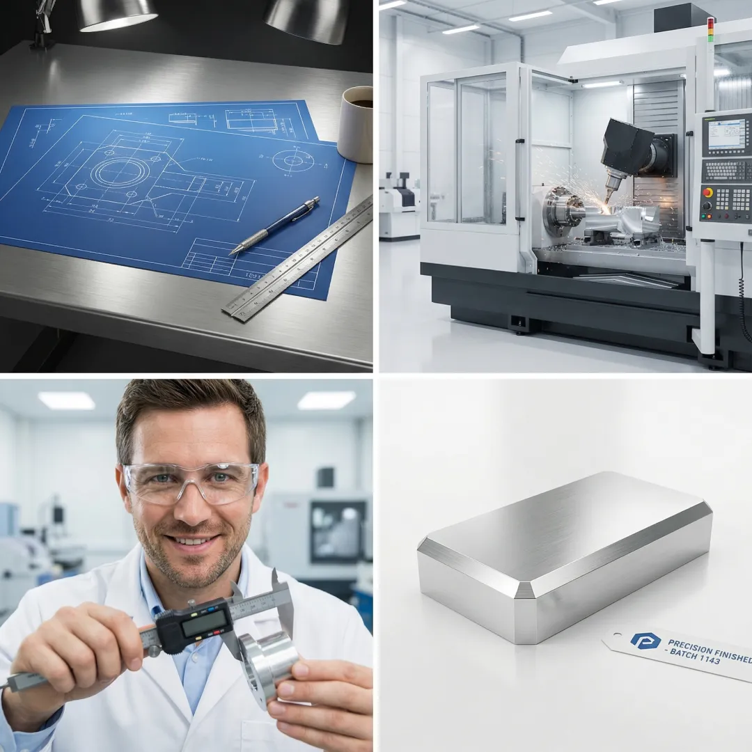 Step-by-step CNC machining workflow from design to finished component
