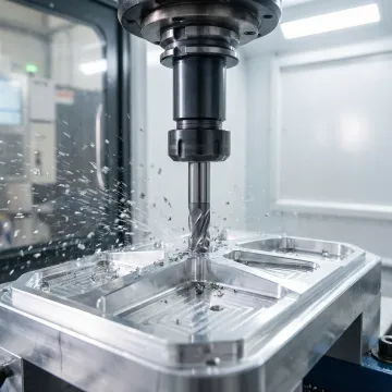 Precision vertical CNC milling center producing a tight-tolerance aerospace component