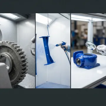 Step-by-step powder coating process from surface blast preparation to finished coated metal part