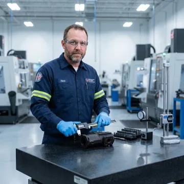 Certified technician inspecting a heat-treated military metal part with precision tools
